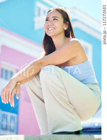 Thinking, fashion and woman with smile in the city of Amsterdam during summer. Happy, relax and young trendy girl with idea for elegant, cool and fancy clothes in the urban outdoor street or road Thinking, fashion and woman with smile in the city of Amsterdam during summer. Happy, relax and young trendy girl with idea for elegant, cool and fancy clothes in the urban outdoor street or road 117272683