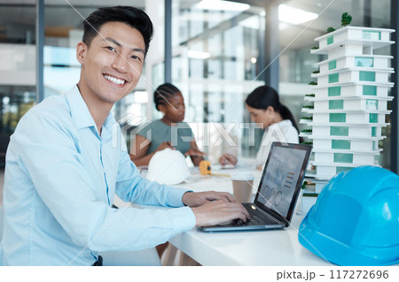 Architecture, laptop and portrait of businessman in office and working on engineering, design and construction planning. Innovation, creative and project management with asian employee with portfolio 117272696