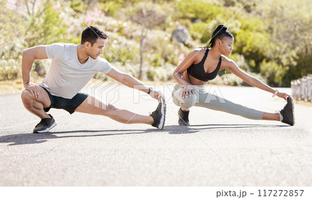 Couple stretching, nature training and interracial team running for cardio exercise, motivation for run and start of workout journey together. Runner man and woman doing stretch for fitness in park Couple stretching, nature training and interracial team running for cardio exercise, motivation for run and start of workout journey together. Runner man and woman doing stretch for fitness in park 117272857