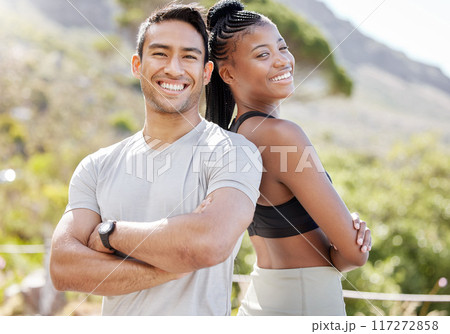 Fitness, nature and portrait of couple training outdoors with energy, motivation and happiness. Happy, smile and sport friends ready for exercise or workout with active, health and wellness lifestyle 117272858