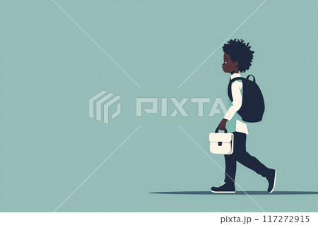 African American seven year old girl walks on sidewalk with white shirt, black pants and white backpack. She has loose wavy hair in casual relaxed atmosphere. 117272915