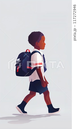 African American seven year old boy wearing classy school uniform goes to school with backpack. Young student in black shorts, white shirt walks towards right side of frame with blue, red backpack. 117272946