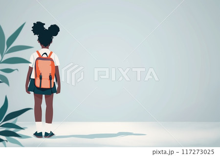 African American seven year old girl wears classy school uniform, goes to school with backpack. Back to school theme. Young student carries red backpack, confident. Green plant gray background. 117273025