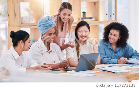 Laptop marketing strategy, branding and promotion project by diverse group of creative agents with vision, plan or idea. United, supportive or inclusive business women analyzing tech performance data Laptop marketing strategy, branding and promotion project by diverse group of creative agents with vision, plan or idea. United, supportive or inclusive business women analyzing tech performance data 117273135