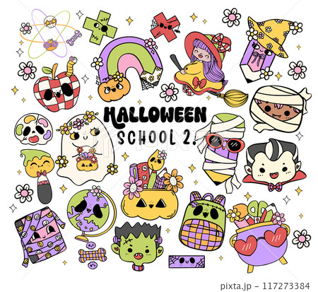 Retro Halloween School Supplies Collection Cute Back to School Spooky Cartoon Doodle Characters set 117273384