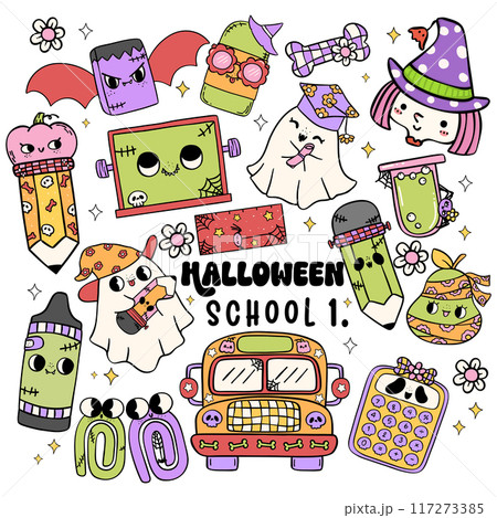 Retro Halloween School Supplies Collection Cute Cartoon Doodle Characters with Groovy School Bus 117273385