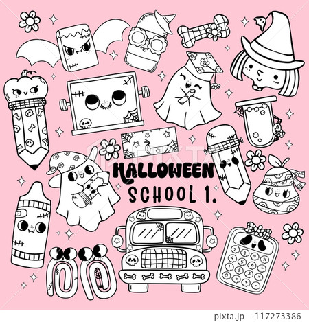 Retro Halloween School Supplies coloring images collection Cute Back to School Cartoon Doodle Characters with Groovy School Bus 117273386