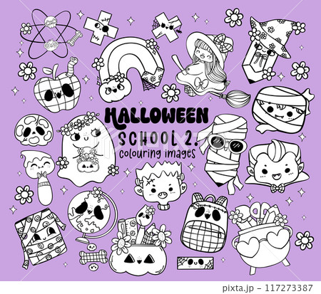 Retro Halloween School Supplies colouring image Collection Cute Back to School Spooky Cartoon Doodle Characters set 117273387