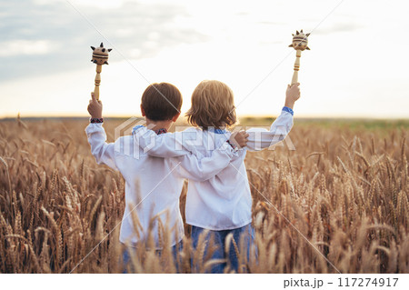 Little Ukrainian Children Boys With Maces - Bludgeon In Field. Bulava, Ukraine. 117274917