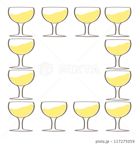 A symmetrical layout featuring twelve glasses filled with yellow white wine, elegantly arranged in a grid pattern. 117275059
