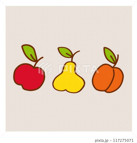 An apple, a pear, and a peach are depicted with simple outlines and vibrant colors against a light background. 117275071