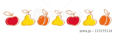 A decorative border featuring stylized apples, pears, and oranges in vibrant colors against a plain background. 117275118