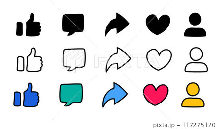 Thumbs up and heart, share, comment, user vector icons hand drawn Thumbs up and heart, share, comment, user vector icons hand drawn 117275120