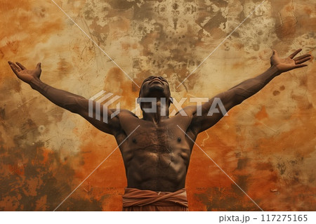 African American man stands with arms raised in worship, dynamic movement against orange, brown mural backdrop. Celebratory expression suggests triumph joy. Digital art style with vibrant colors. 117275165
