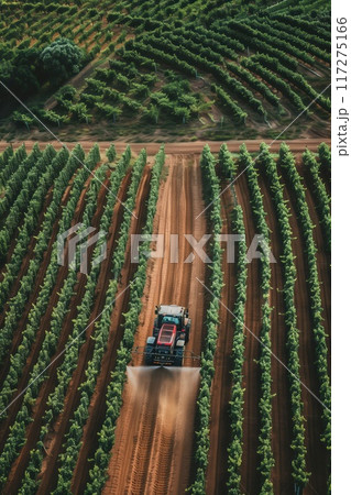 Aerial view of vast agricultural field with tractor working on land. Green trees stretch out into distance, rustling in breeze. Buildings provide scale and context to expansive scene. 117275166