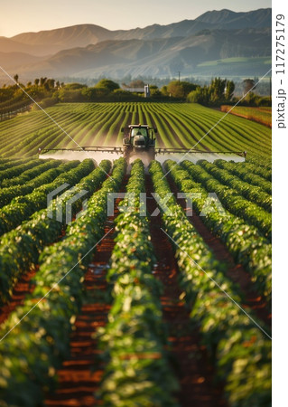 Vast green crops field with tractor spraying water. Mountains rise against misty sky. Farming technology innovation landscape. Eco-friendly agriculture practices. Sustainable farming methods. 117275179