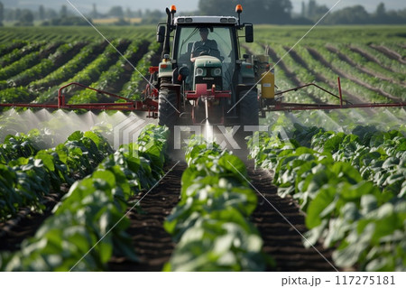 Tractor sprays water over green crops in a field under clear blue sky. Agricultural equipment moves towards right side of frame with visible spray pattern. Rich green fields stretch out into distance. 117275181