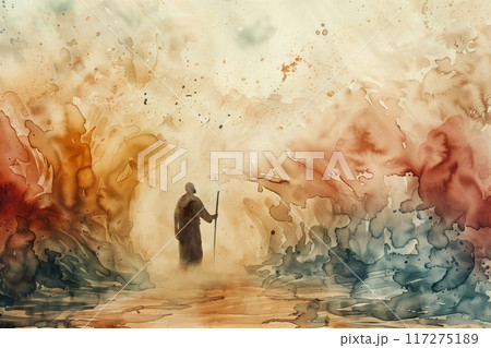 Moses stands alone holding walking stick gazing towards right side of frame. Abstract colors contrast with monochromatic attire. Watercolor painting creates ethereal atmosphere. 117275189