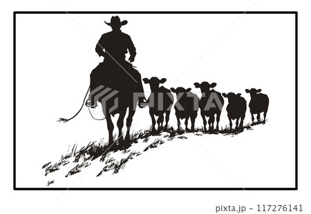 Silhouette of Cattle Drive at Sunset - Western Ranching Scene 117276141
