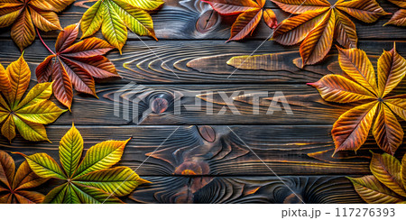 Autumn Background with Chestnut Leaves on Black Wood 117276393