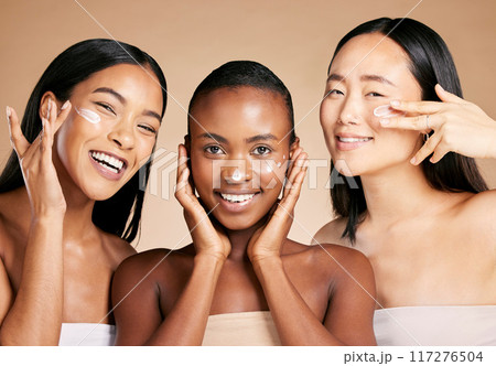 Diversity, woman and beauty portrait with cream for facial skincare wellness, luxury product and happy dermatology. Model, face and cosmetics happiness, lotion moisturizer and natural glowing skin 117276504
