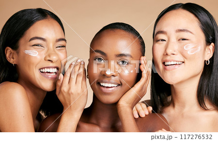 Woman, beauty portrait and smile with cream for facial skincare wellness, luxury product and happy dermatology. Model, face and cosmetics happiness, spf lotion moisturizer and natural glowing skin 117276532