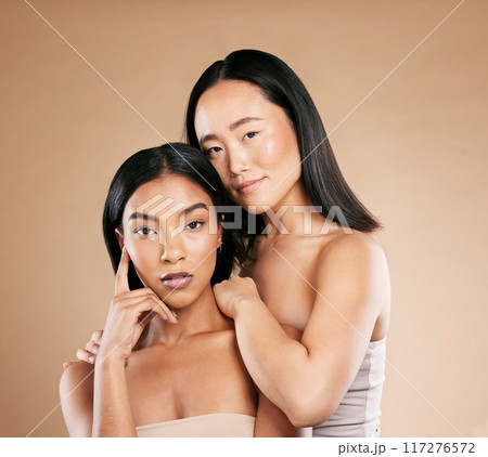 Beauty, makeup and diversity women portrait for skincare in studio with dermatology and cosmetics. Asian and black person together for face glow, spa facial and healthy skin of friends for wellness 117276572