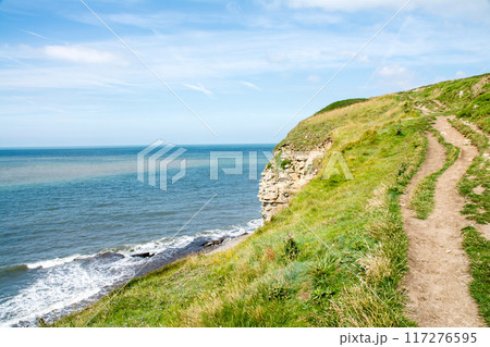 海岸線にできた地層がむき出しの切り立った崖とその上に続く細い散歩道 南ウェールズの郊外にて 海岸線にできた地層がむき出しの切り立った崖とその上に続く細い散歩道 南ウェールズの郊外にて 117276595