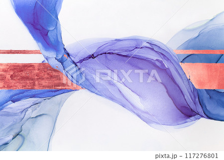 Vibrant Abstract Artwork Featuring Blue and Purple Fluid Shapes With Copper Accents on White Background 117276801