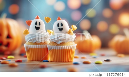 A pair of adorable Halloween ghost cupcakes decorated with smiling fondant ghosts and colorful candy accents 117276914