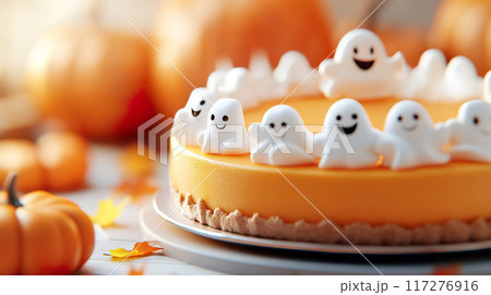 Halloween cake topped with a circle of smiling ghost decorations 117276916