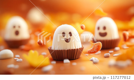 Halloween ghost chocolates set amidst a festive autumn background. 117277012