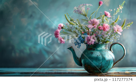 Vintage blue teapot with a vibrant bouquet of wildflowers, standing on rustic table and blue wall on background, creating a warm and cozy atmosphere. Garden core concept for banner with copy space 117277374