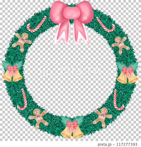 Christmas Wreath decorated with cute bows, flowers, balls, and candy canes 117277393