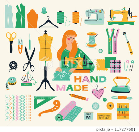 Set of sewing tools icons tailor girl hand made workshop 117277601