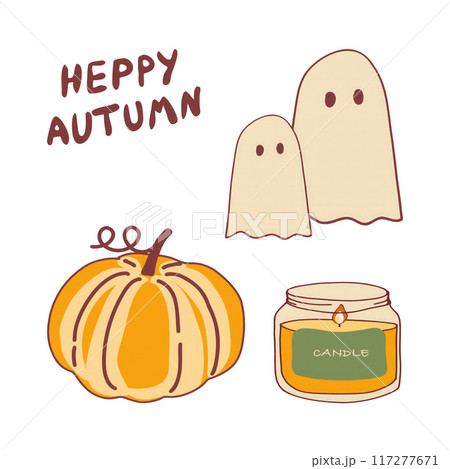 A playful autumn-themed design showcases a pumpkin, a jar candle, and two friendly ghosts, celebrating the spirit of the season. 117277671