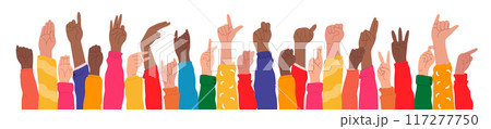 Set of hands in doodle style isolated human arms. Hands raised up demonstrate American sign language alphabet. vector illustration for ASL education poster, card, brochure, canvas, website, books Set of hands in doodle style isolated human arms. Hands raised up demonstrate American sign language alphabet. vector illustration for ASL education poster, card, brochure, canvas, website, books 117277750