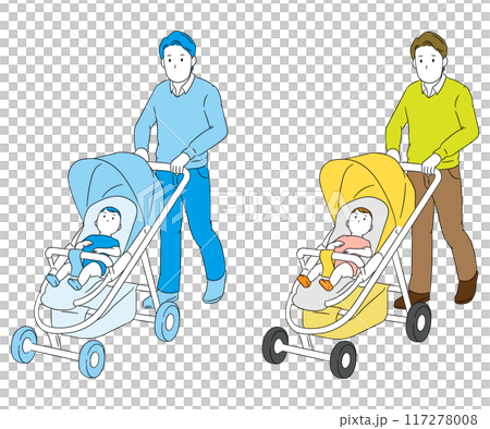 父親推著嬰兒車帶著寶寶出門插畫素材 117278008