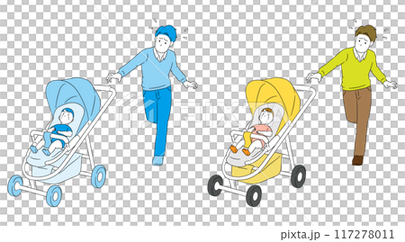 危險！一名父親在嬰兒車離開他手中後追趕嬰兒車的插畫素材 117278011
