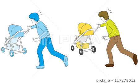 危険！ベビーカーが手から離れてしまって追いかけるお父さんの後ろから見たイラスト素材 117278012