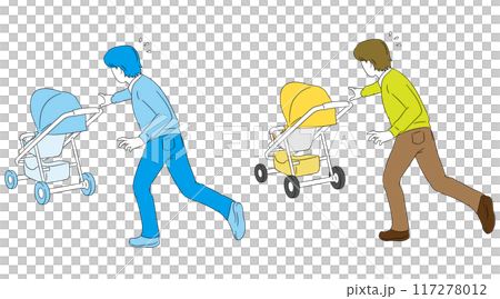 危險！從後面看到一位父親追趕嬰兒車從他手中掉落的插畫素材 117278012