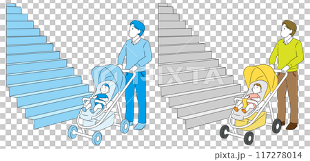 一位父親帶著嬰兒和嬰兒車外出時抬頭看著樓梯的插畫素材 一位父親帶著嬰兒和嬰兒車外出時抬頭看著樓梯的插畫素材 117278014