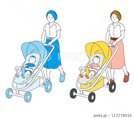 ベビーカーを押し赤ちゃんとお出かけするお母さんのイラスト素材 117278016