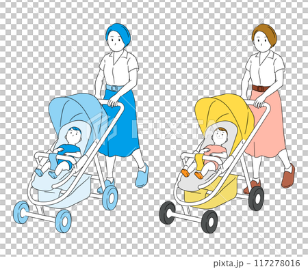 ベビーカーを押し赤ちゃんとお出かけするお母さんのイラスト素材 117278016