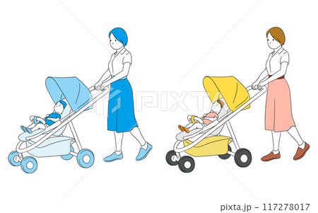 ベビーカーを押し赤ちゃんとお出かけするお母さんのイラスト素材 117278017