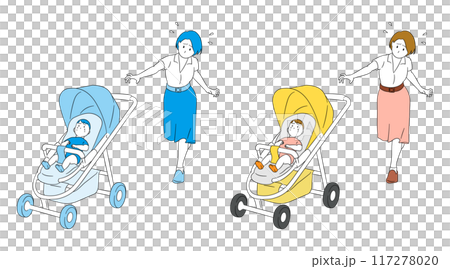 危險！一位母親在嬰兒車離開她的手後追趕它的插畫素材 117278020