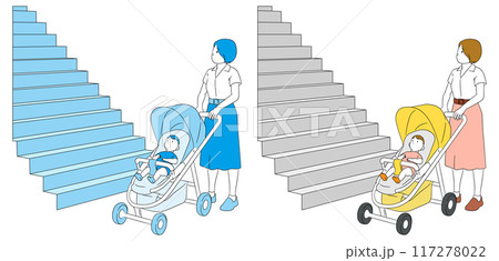 赤ちゃんとベビーカーでお出かけ中に階段を見上げるお母さんのイラスト素材 117278022