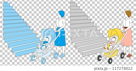 Illustration material of a mother looking up at the stairs while out with her baby and stroller Illustration material of a mother looking up at the stairs while out with her baby and stroller 117278022