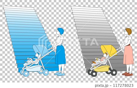 一位母親推著嬰兒車外出時抬頭看著樓梯的插畫素材 117278023