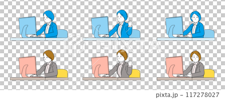 デスクでパソコンを操作するビジネスパーソン（女性）3パターンのイラスト素材 117278027